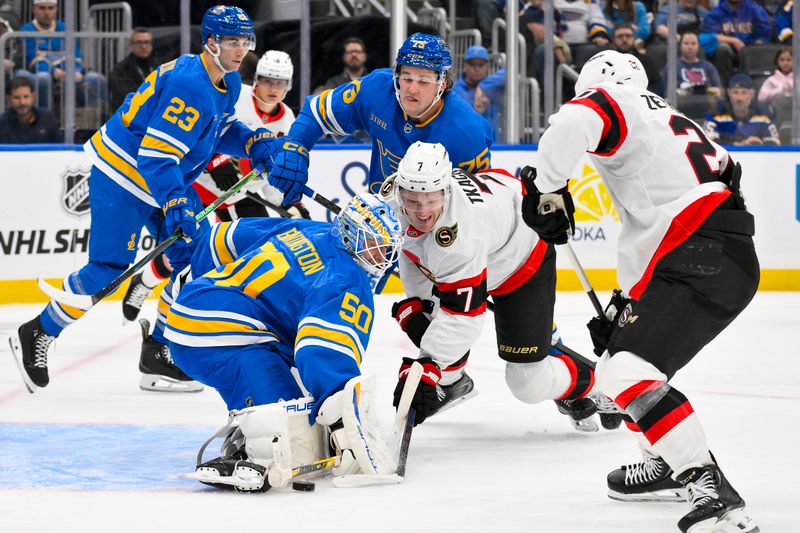 Oct 2, 2025; St. Louis, Missouri, USA; St. Louis Blues goaltender Jordan Binnington (50) defends the net against Ottawa Senators left wing Brady Tkachuk (7) during the first period at Enterprise Center. Mandatory Credit: Jeff Curry-Imagn Images
