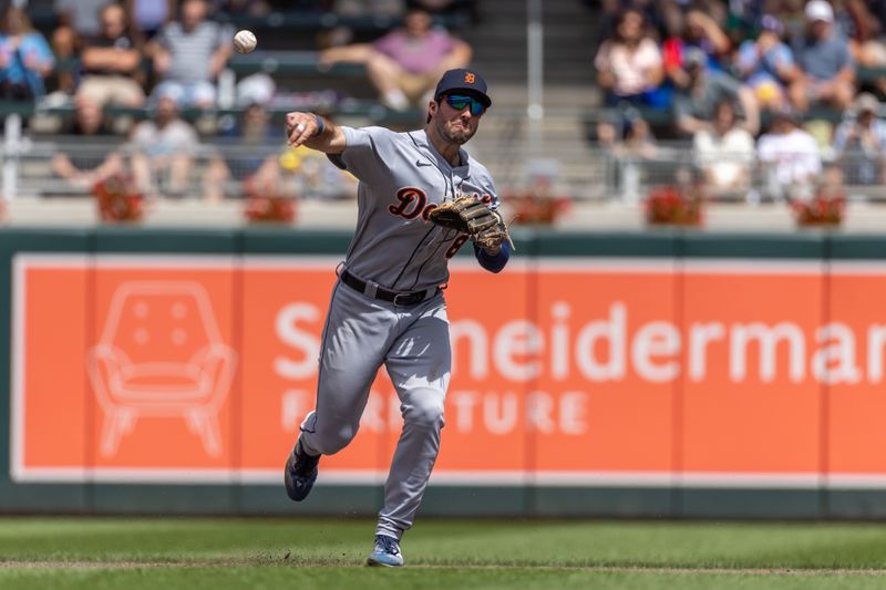 Aug 16, 2023; Minneapolis, Minnesota, USA; Detroit Tigers third baseman Matt Vierling (8) throws the ball to first base for an out against the Minnesota Twins in the fourth inning at Target Field. Mandatory Credit: Jesse Johnson-USA TODAY Sports