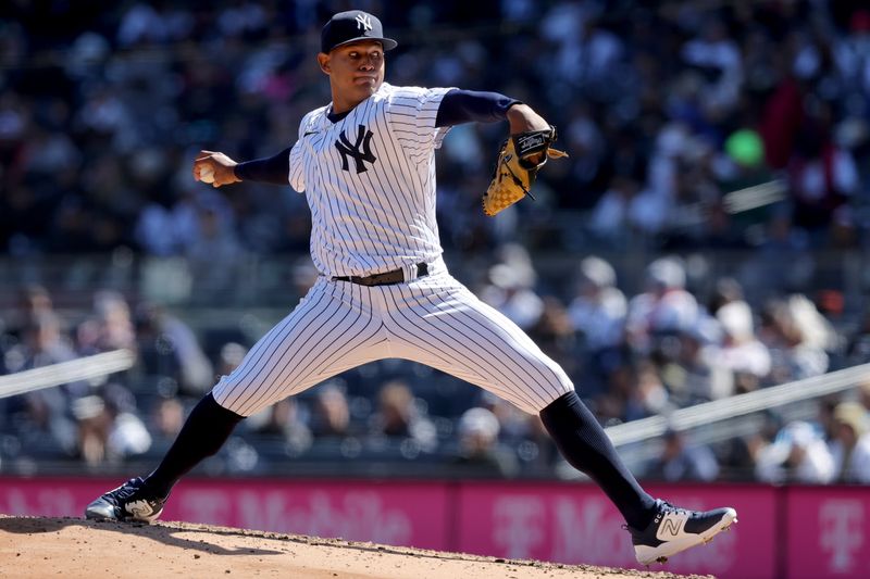 Apr 2, 2023; Bronx, New York, USA; New York Yankees starting pitcher Jhony Brito (76) pitches against the San Francisco Giants during the second inning at Yankee Stadium. Mandatory Credit: Brad Penner-USA TODAY Sports