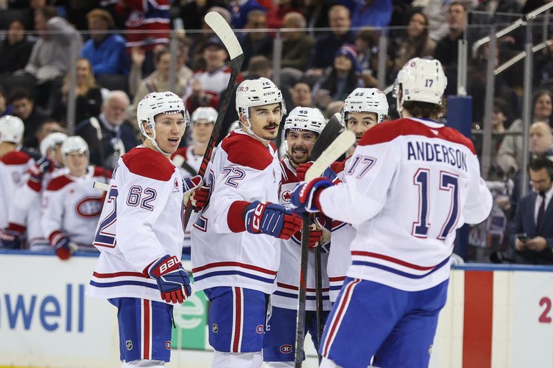 Dec 13, 2025; New York, New York, USA;  Montréal Canadiens defenseman Arber Xhekaj (72) celebrates with his teammates after scoring a goal  in the first period against the New York Rangers at Madison Square Garden. Mandatory Credit: Wendell Cruz-Imagn Images