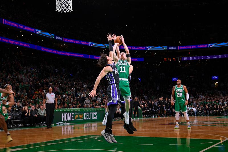 BOSTON, MA - APRIL 5:  Payton Pritchard #11 of the Boston Celtics shoots the ball during the game against the Sacramento Kings on April 5, 2024 at the TD Garden in Boston, Massachusetts. NOTE TO USER: User expressly acknowledges and agrees that, by downloading and or using this photograph, User is consenting to the terms and conditions of the Getty Images License Agreement. Mandatory Copyright Notice: Copyright 2024 NBAE  (Photo by Brian Babineau/NBAE via Getty Images)