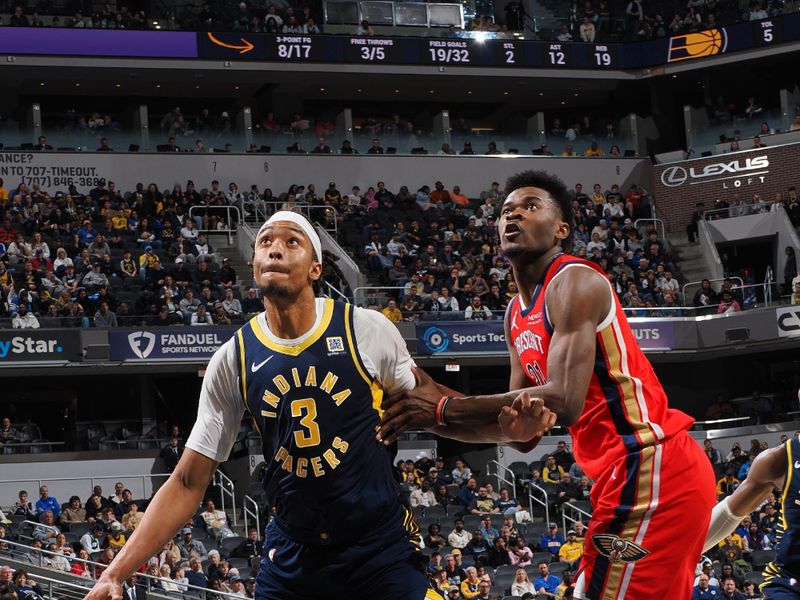 INDIANAPOLIS, IN - NOVEMBER 25: Moses Brown #3 of the Indiana Pacers looks on during the game against the New Orleans Pelicans on November 25, 2024 at Gainbridge Fieldhouse in Indianapolis, Indiana. NOTE TO USER: User expressly acknowledges and agrees that, by downloading and or using this Photograph, user is consenting to the terms and conditions of the Getty Images License Agreement. Mandatory Copyright Notice: Copyright 2024 NBAE (Photo by Ron Hoskins/NBAE via Getty Images)