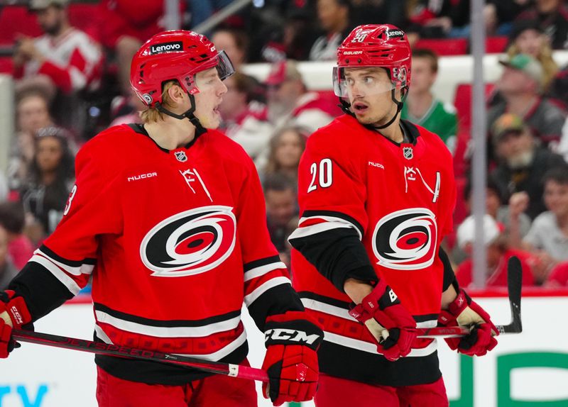 Apr 13, 2025; Raleigh, North Carolina, USA;  Carolina Hurricanes center Sebastian Aho (20) and Carolina Hurricanes right wing Jackson Blake (53) talk against the Toronto Maple Leafs during the first period at Lenovo Center. Mandatory Credit: James Guillory-Imagn Images