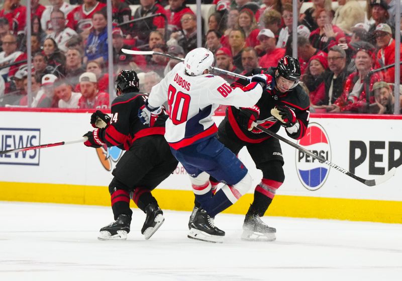May 12, 2025; Raleigh, North Carolina, USA; Carolina Hurricanes defenseman Dmitry Orlov (7) checks Washington Capitals left wing Pierre-Luc Dubois (80) during the third period in game four of the second round of the 2025 Stanley Cup Playoffs at Lenovo Center. Mandatory Credit: James Guillory-Imagn Images