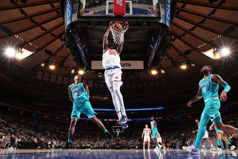 NEW YORK, NY - OCTOBER 15: Ariel Hukporti #55 of the New York Knicks dunks the ball during the game against the Charlotte Hornets during the 2024 NBA Preseason on October 15, 2024 at Madison Square Garden in New York City, New York.  NOTE TO USER: User expressly acknowledges and agrees that, by downloading and or using this photograph, User is consenting to the terms and conditions of the Getty Images License Agreement. Mandatory Copyright Notice: Copyright 2024 NBAE  (Photo by Nathaniel S. Butler/NBAE via Getty Images)