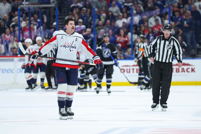 Nov 8, 2025; Tampa, Florida, USA; Washington Capitals right wing Tom Wilson (43) looks on against the Tampa Bay Lightning in the second period at Benchmark International Arena. Mandatory Credit: Nathan Ray Seebeck-Imagn Images