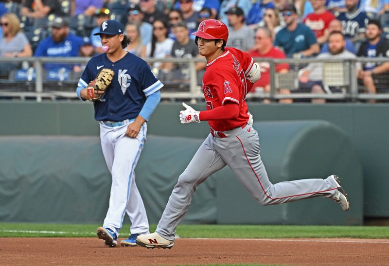 Jun 16, 2023; Kansas City, Missouri, USA; Los Angeles Angels designated hitter Shohei Ohtani (17) hits a double in the first inning against the Kansas City Royals at Kauffman Stadium. Mandatory Credit: Peter Aiken-USA TODAY Sports