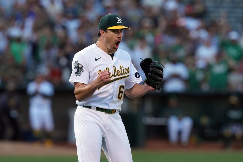 Aug 5, 2023; Oakland, California, USA; Oakland Athletics relief pitcher Trevor May (65) reacts after defeating the San Francisco Giants at Oakland-Alameda County Coliseum. Mandatory Credit: Darren Yamashita-USA TODAY Sports