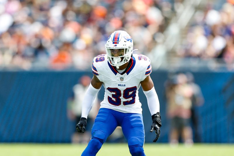 Buffalo Bills cornerback Cam Lewis (39) looks on during the second half of an NFL preseason football game against the Chicago Bears, Saturday, Aug. 26, 2023, in Chicago. (AP Photo/Kamil Krzaczynski)