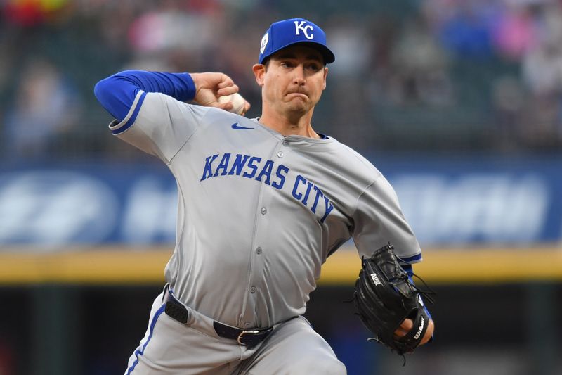 Apr 15, 2024; Chicago, Illinois, USA; Kansas City Royals starting pitcher Seth Lugo pitches during the second inning against the Chicago White Sox at Guaranteed Rate Field. Mandatory Credit: Patrick Gorski-USA TODAY Sports