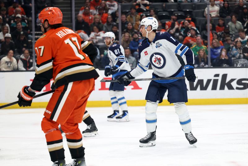 Feb 27, 2026; Anaheim, California, USA;  Winnipeg Jets center Gabriel Vilardi (13) reacts after scoring a goal during the second period against the Anaheim Ducks at Honda Center. Mandatory Credit: Kiyoshi Mio-Imagn Images
