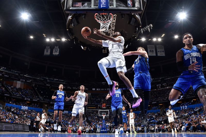 ORLANDO, FL - OCTOBER 25: Ziaire Williams #1 of the Brooklyn Nets drives to the basket during the game against the Orlando Magic on October 25, 2024 at Kia Center in Orlando, Florida. NOTE TO USER: User expressly acknowledges and agrees that, by downloading and or using this photograph, User is consenting to the terms and conditions of the Getty Images License Agreement. Mandatory Copyright Notice: Copyright 2024 NBAE (Photo by Fernando Medina/NBAE via Getty Images)