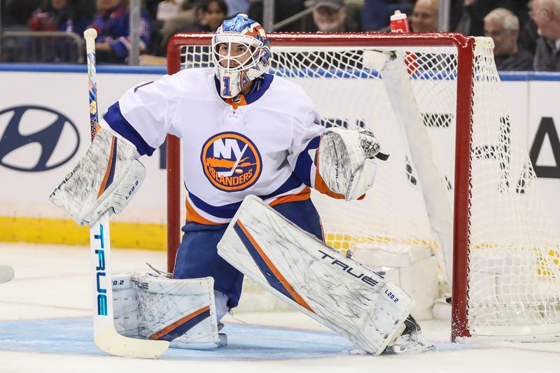 Sep 26, 2023; New York, New York, USA;  New York Islanders goaltender Jakub Skarek (1) depends the net in the third period against the New York Rangers at Madison Square Garden. Mandatory Credit: Wendell Cruz-USA TODAY Sports