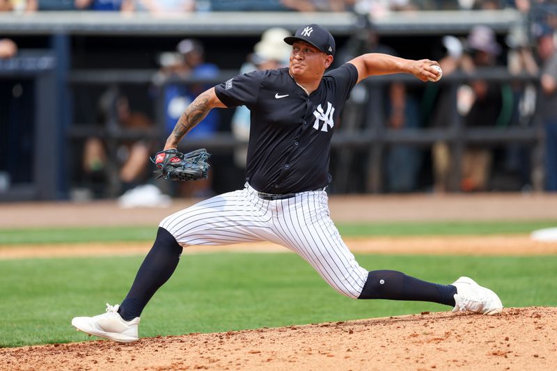 Mar 16, 2024; Tampa, Florida, USA;  New York Yankees relief pitcher Victor Gonzalez (47) throws a pitch against the Toronto Blue Jays in the fifth inning at George M. Steinbrenner Field. Mandatory Credit: Nathan Ray Seebeck-USA TODAY Sports