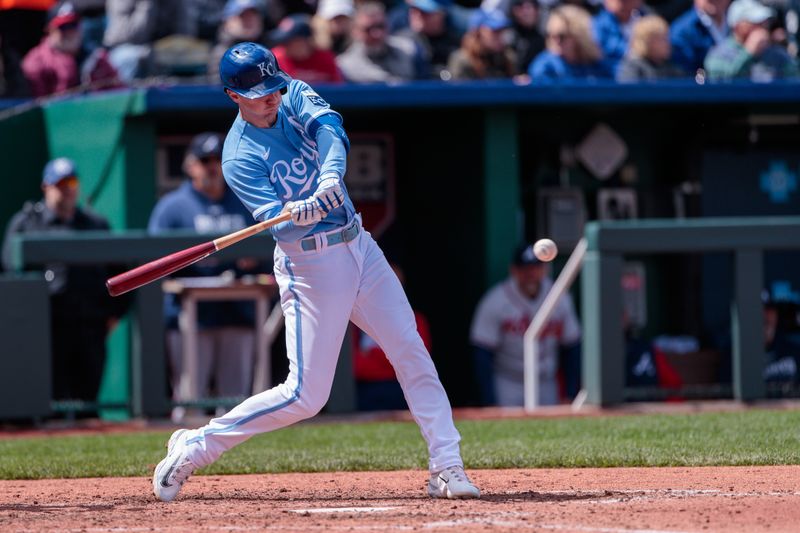 Apr 16, 2023; Kansas City, Missouri, USA; Kansas City Royals third baseman Matt Duffy (15) at bat during the sixth inning against the Atlanta Braves at Kauffman Stadium. Mandatory Credit: William Purnell-USA TODAY Sports