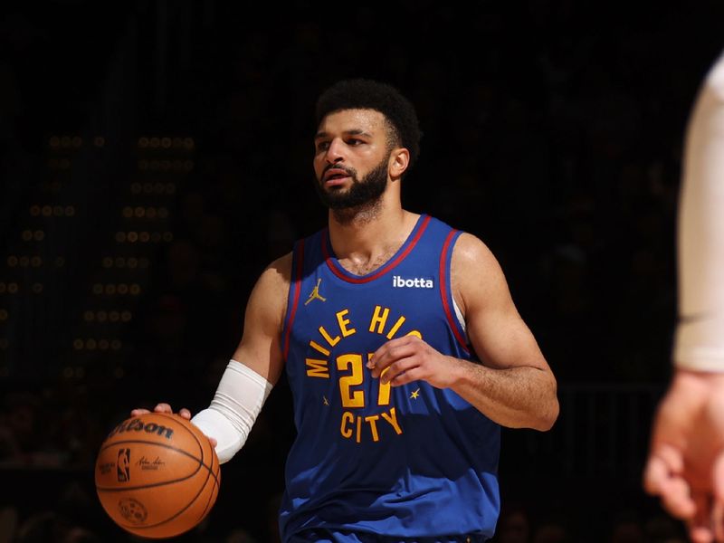 WASHINGTON, DC -? JANUARY 21:  Jamal Murray #27 of the Denver Nuggets handles the ball during the game  on January 21, 2024 at Capital One Arena in Washington, DC. NOTE TO USER: User expressly acknowledges and agrees that, by downloading and or using this Photograph, user is consenting to the terms and conditions of the Getty Images License Agreement. Mandatory Copyright Notice: Copyright 2024 NBAE (Photo by Stephen Gosling/NBAE via Getty Images)