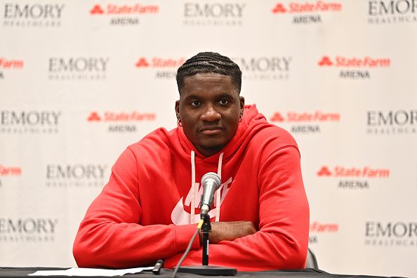 ATLANTA, GEORGIA - DECEMBER 11:  Clint Capela #15 of the Atlanta Hawks speaks during a press conference after the game between the Denver Nuggets and the Atlanta Hawks at State Farm Arena on December 11, 2023 in Atlanta, Georgia. The Nuggets defeated the Hawks 129-122. NOTE TO USER: User expressly acknowledges and agrees that, by downloading and or using this Photograph, user is consenting to the terms and conditions of the Getty Images License Agreement.  (Photo by Paras Griffin/Getty Images)