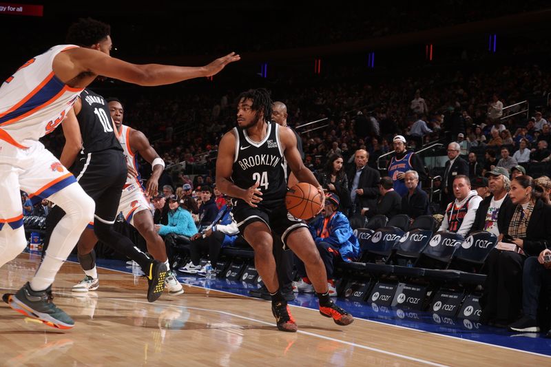 NEW YORK, NY - NOVEMBER 17: Cam Thomas #24 of the Brooklyn Nets handles the ball during the game against the New York Knicks on November 17, 2024 at Madison Square Garden in New York City, New York.  NOTE TO USER: User expressly acknowledges and agrees that, by downloading and or using this photograph, User is consenting to the terms and conditions of the Getty Images License Agreement. Mandatory Copyright Notice: Copyright 2024 NBAE  (Photo by Nathaniel S. Butler/NBAE via Getty Images)