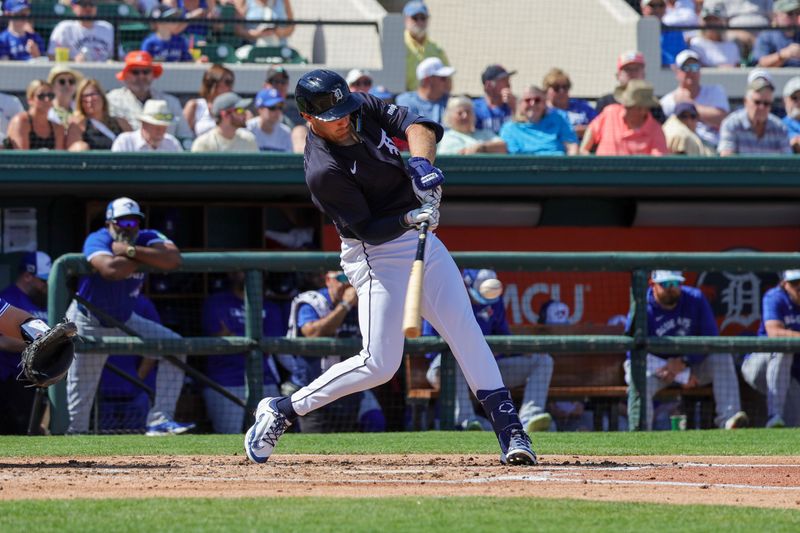 Mar 3, 2025; Lakeland, Florida, USA; Detroit Tigers outfielder Ryan Kreidler (32) bats during the third inning against the Toronto Blue Jays at Publix Field at Joker Marchant Stadium. Mandatory Credit: Mike Watters-Imagn Images