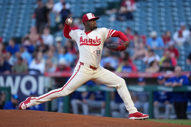 May 8, 2025; Anaheim, California, USA; Los Angeles Angels starting pitcher Jose Soriano (59) throws in the first inning against the Toronto Blue Jays at Angel Stadium. Mandatory Credit: Kirby Lee-Imagn Images