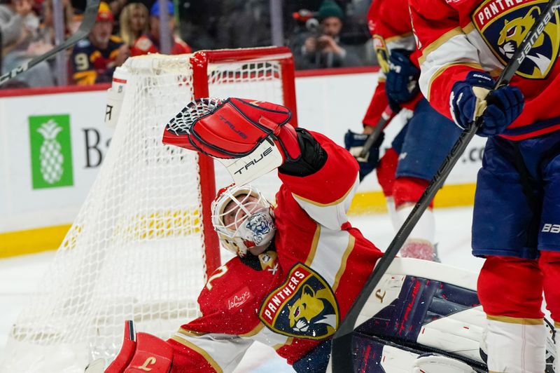 Dec 29, 2025; Sunrise, Florida, USA; Florida Panthers goaltender Sergei Bobrovsky (72) makes a save against the Washington Capitals during the second period at Amerant Bank Arena. Mandatory Credit: Jeff Romance-Imagn Images