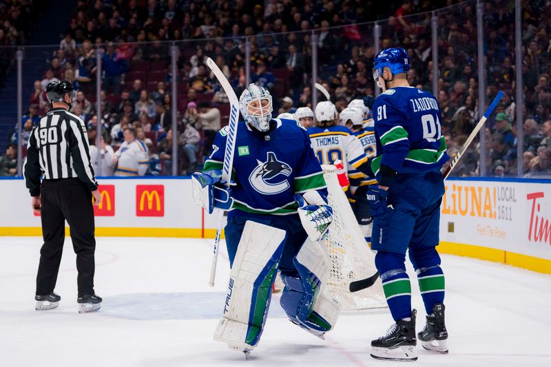 Jan 24, 2024; Vancouver, British Columbia, CAN; Vancouver Canucks goalie Casey DeSmith (29) and defenseman Nikita Zadorov (91) react after St. Louis Blues forward Pavel Buchnevich (89) scored on DeSmith (29) in the first period at Rogers Arena. Mandatory Credit: Bob Frid-USA TODAY Sports