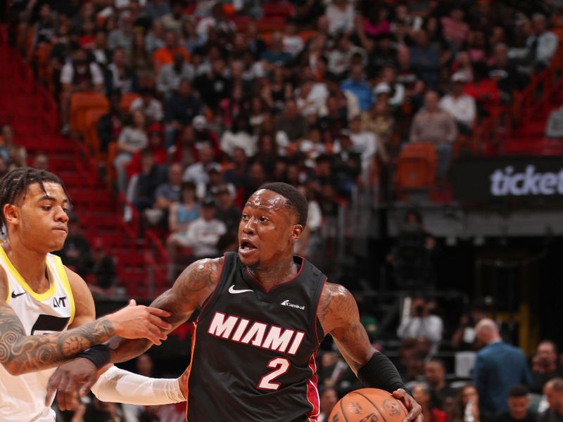 MIAMI, FL - MARCH 2: Terry Rozier III #2 of the Miami Heat handles the ball during the game against the Utah Jazz on March 2, 2024 at Kaseya Center in Miami, Florida. NOTE TO USER: User expressly acknowledges and agrees that, by downloading and or using this Photograph, user is consenting to the terms and conditions of the Getty Images License Agreement. Mandatory Copyright Notice: Copyright 2024 NBAE (Photo by Issac Baldizon/NBAE via Getty Images)