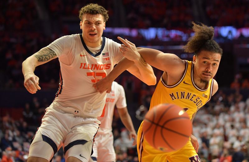 Feb 20, 2023; Champaign, Illinois, USA;  Illinois Fighting Illini forward Coleman Hawkins (33) and Minnesota Golden Gophers guard Braeden Carrington (4) wrestle for a loose ball during the second half at State Farm Center. Mandatory Credit: Ron Johnson-USA TODAY Sports