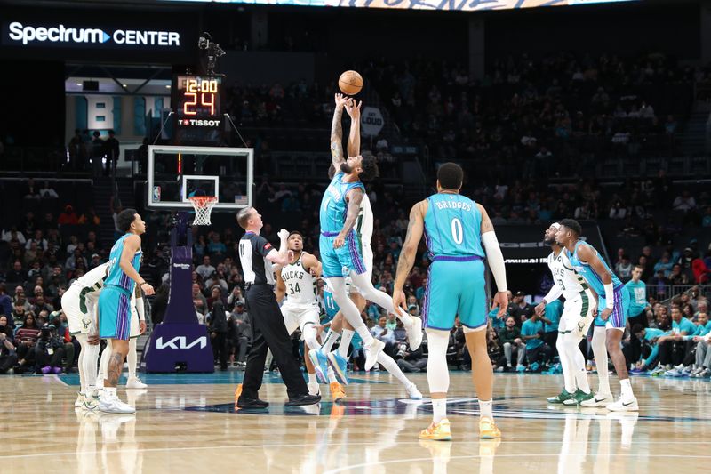 CHARLOTTE, NC - FEBRUARY 29: The Milwaukee Bucks  and the Charlotte Hornets go for the opening tip off on February 29, 2024 at Spectrum Center in Charlotte, North Carolina. NOTE TO USER: User expressly acknowledges and agrees that, by downloading and or using this photograph, User is consenting to the terms and conditions of the Getty Images License Agreement.  Mandatory Copyright Notice:  Copyright 2024 NBAE (Photo by Brock Williams-Smith/NBAE via Getty Images)