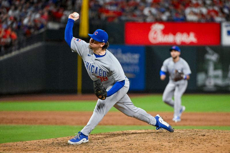 May 25, 2024; St. Louis, Missouri, USA;  Chicago Cubs relief pitcher Mark Leiter Jr. (38) pitches against the St. Louis Cardinals during the eighth inning at Busch Stadium. Mandatory Credit: Jeff Curry-USA TODAY Sports