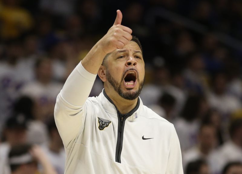 Jan 25, 2023; Pittsburgh, Pennsylvania, USA;  Pittsburgh Panthers head coach Jeff Capel reacts on the court against the Wake Forest Demon Deacons during the second half at the Petersen Events Center. Pittsburgh won 81-79. Mandatory Credit: Charles LeClaire-USA TODAY Sports