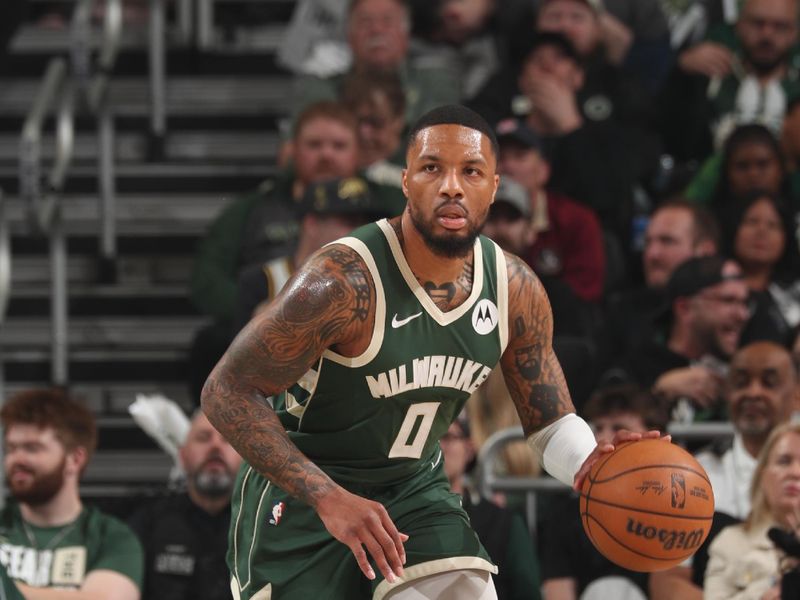 MILWAUKEE, WI - APRIL 21: Damian Lillard #0 of the Milwaukee Bucks dribbles the ball during the game against the Indiana Pacers during Round 1 Game 1 of the 2024 NBA Playoffs on April 21, 2024 at the Fiserv Forum Center in Milwaukee, Wisconsin. NOTE TO USER: User expressly acknowledges and agrees that, by downloading and or using this Photograph, user is consenting to the terms and conditions of the Getty Images License Agreement. Mandatory Copyright Notice: Copyright 2024 NBAE (Photo by Gary Dineen/NBAE via Getty Images).