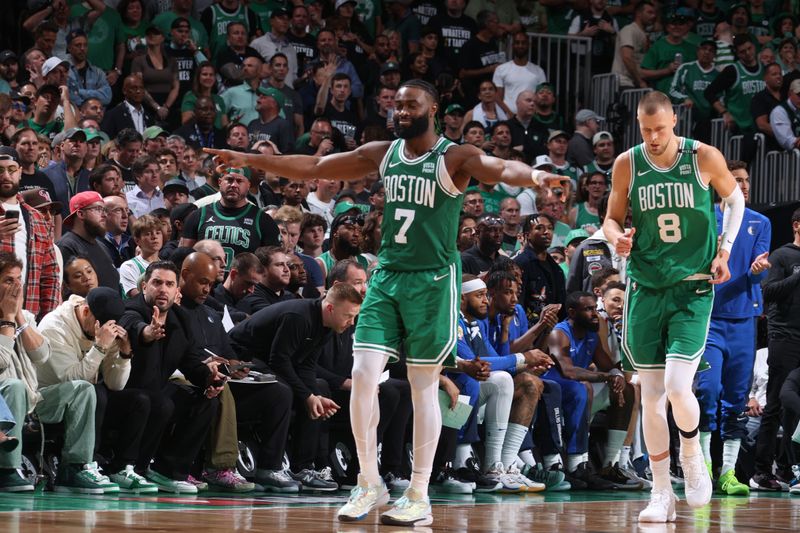 BOSTON, MA - JUNE 17: Jaylen Brown #7 of the Boston Celtics looks on during the game against the Dallas Mavericks during Game 5 of the 2024 NBA Finals on June 17, 2024 at the TD Garden in Boston, Massachusetts. NOTE TO USER: User expressly acknowledges and agrees that, by downloading and or using this photograph, User is consenting to the terms and conditions of the Getty Images License Agreement. Mandatory Copyright Notice: Copyright 2024 NBAE  (Photo by Nathaniel S. Butler/NBAE via Getty Images)