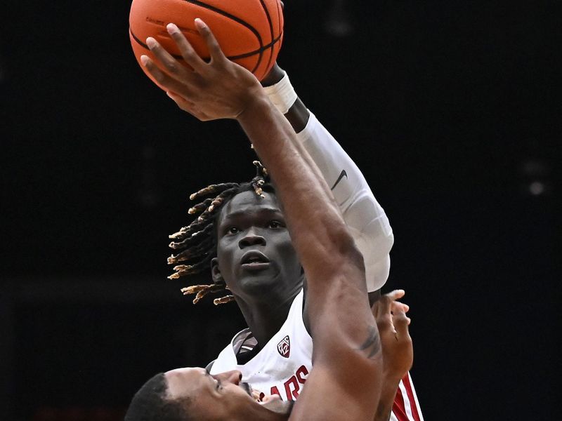 Jan 28, 2023; Pullman, Washington, USA; Washington State Cougars center Adrame Diongue (15) blocks Arizona State Sun Devils guard Luther Muhammad (1) shot in the first half at Friel Court at Beasley Coliseum. Mandatory Credit: James Snook-USA TODAY Sports