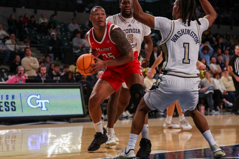 Dec 16, 2025; Atlanta, Georgia, USA; Marist Red Foxes center Tarik Watson (25) in action against the Georgia Tech Yellow Jackets in the first half at McCamish Pavilion. Mandatory Credit: Brett Davis-Imagn Images