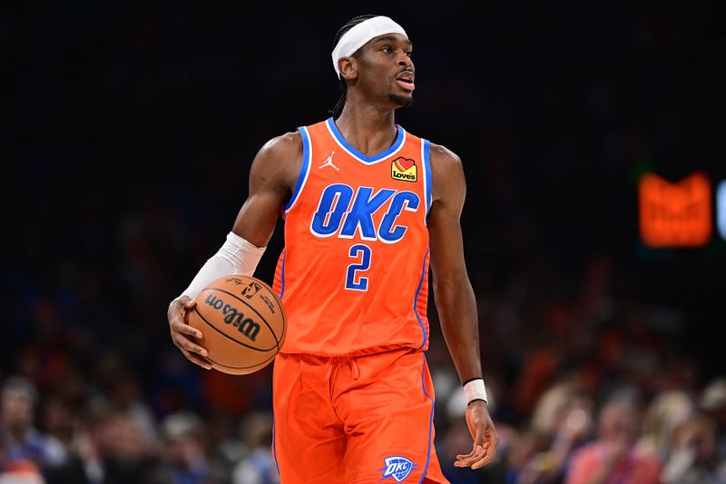 OKLAHOMA CITY, OKLAHOMA - NOVEMBER 8: Shai Gilgeous-Alexander #2 of the Oklahoma City Thunder handles the ball during the second half against the Houston Rockets at Paycom Center on November 8, 2024 in Oklahoma City, Oklahoma. NOTE TO USER: User expressly acknowledges and agrees that, by downloading and or using this photograph, User is consenting to the terms and conditions of the Getty Images License Agreement. (Photo by Joshua Gateley/Getty Images)