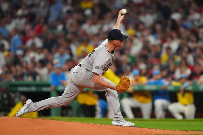 Jul 27, 2024; Boston, Massachusetts, USA; New York Yankees pitcher Caleb Ferguson (64) delivers a pitch against the Boston Red Sox during the fourth inning at Fenway Park. Mandatory Credit: Gregory Fisher-USA TODAY Sports