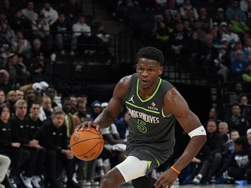 MINNEAPOLIS, MN -  FEBRUARY 6:  Anthony Edwards #5 of the Minnesota Timberwolves dribbles the ball during the game against the Houston Rockets on February 6, 2025 at Target Center in Minneapolis, Minnesota. NOTE TO USER: User expressly acknowledges and agrees that, by downloading and or using this Photograph, user is consenting to the terms and conditions of the Getty Images License Agreement. Mandatory Copyright Notice: Copyright 2024 NBAE (Photo by Jordan Johnson/NBAE via Getty Images)