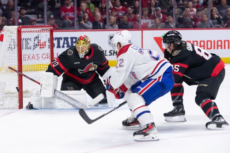 Apr 13, 2024; Ottawa, Ontario, CAN; Ottawa Senators goalie Joonas Korpisalo (70) makes a save on a shot from Montreal Canadiens right wing Cole Caufield (22) in the second period at the Canadian Tire Centre. Mandatory Credit: Marc DesRosiers-USA TODAY Sports