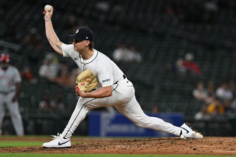 Aug 27, 2024; Detroit, Michigan, USA; Detroit Tigers pitcher Shelby Miller (7) throws a pitch against the Los Angeles Angels in the ninth inning at Comerica Park. Mandatory Credit: Lon Horwedel-USA TODAY Sports