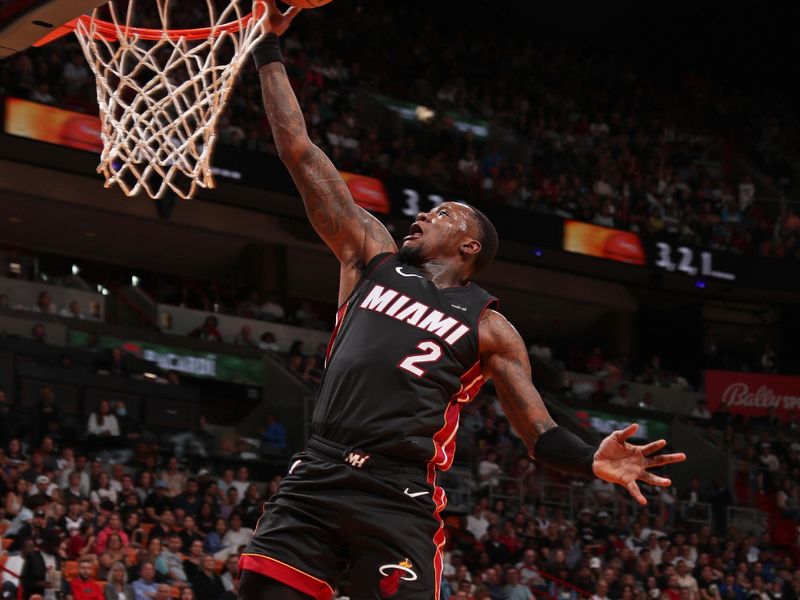 MIAMI, FL - MARCH 2: Terry Rozier III #2 of the Miami Heat drives to the basket during the game against the Utah Jazz on March 2, 2024 at Kaseya Center in Miami, Florida. NOTE TO USER: User expressly acknowledges and agrees that, by downloading and or using this Photograph, user is consenting to the terms and conditions of the Getty Images License Agreement. Mandatory Copyright Notice: Copyright 2024 NBAE (Photo by Issac Baldizon/NBAE via Getty Images)