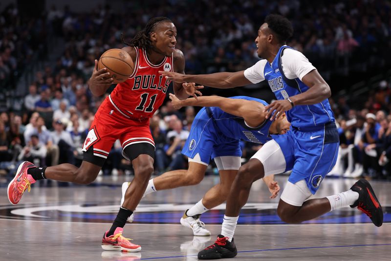 DALLAS, TEXAS - NOVEMBER 06: Ayo Dosunmu #11 of the Chicago Bulls is defended by Olivier-Maxence Prosper #8 of the Dallas Mavericks during the second half at American Airlines Center on November 06, 2024 in Dallas, Texas. NOTE TO USER: User expressly acknowledges and agrees that, by downloading and or using this photograph, User is consenting to the terms and conditions of the Getty Images License Agreement. (Photo by Sam Hodde/Getty Images)