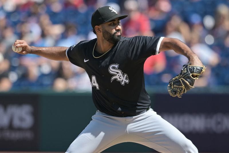 Sep 14, 2025; Cleveland, Ohio, USA; Chicago White Sox starting pitcher Yoendrys Gomez (94) throws a pitch against the Cleveland Guardians during the first inning at Progressive Field. Mandatory Credit: Ken Blaze-Imagn Images