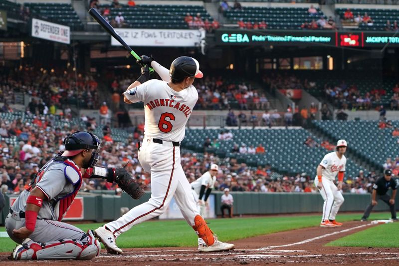 Aug 13, 2024; Baltimore, Maryland, USA; Baltimore Orioles first baseman Ryan Mountcastle (6) hits a single in the second inning to drive in designated hitter Ryan O’Hearn (32) against the Washington Nationals at Oriole Park at Camden Yards. Mandatory Credit: Mitch Stringer-USA TODAY Sports