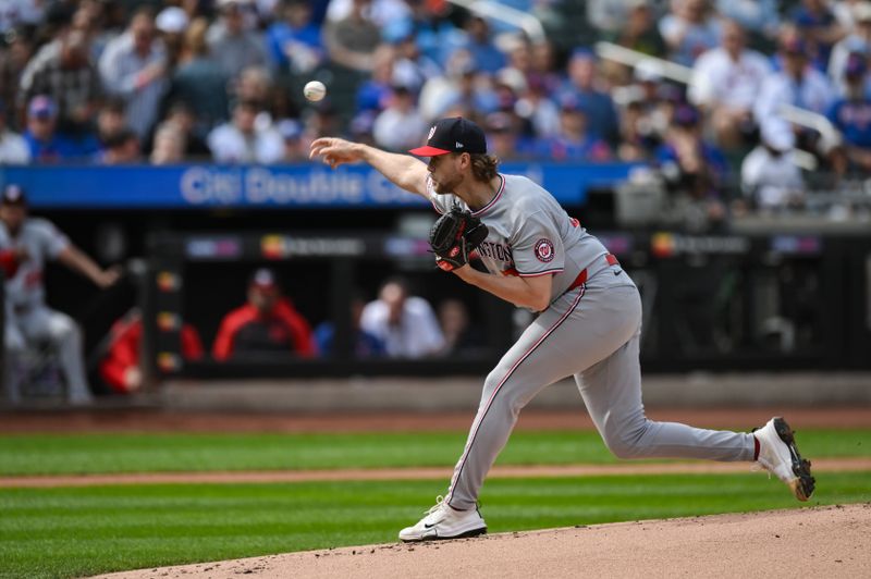Sep 21, 2025; New York City, New York, USA; Washington Nationals pitcher Jake Irvin (27) pitches against the New York Mets during the first inning at Citi Field. Mandatory Credit: John Jones-Imagn Images