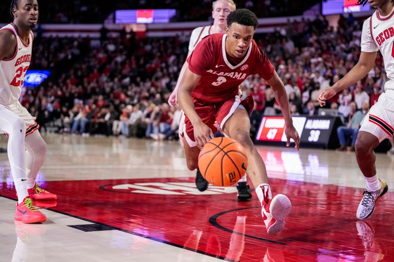 Jan 31, 2024; Athens, Georgia, USA; Alabama Crimson Tide guard Rylan Griffen (3) chases the ball against the Georgia Bulldogs during the second half at Stegeman Coliseum. Mandatory Credit: Dale Zanine-USA TODAY Sports