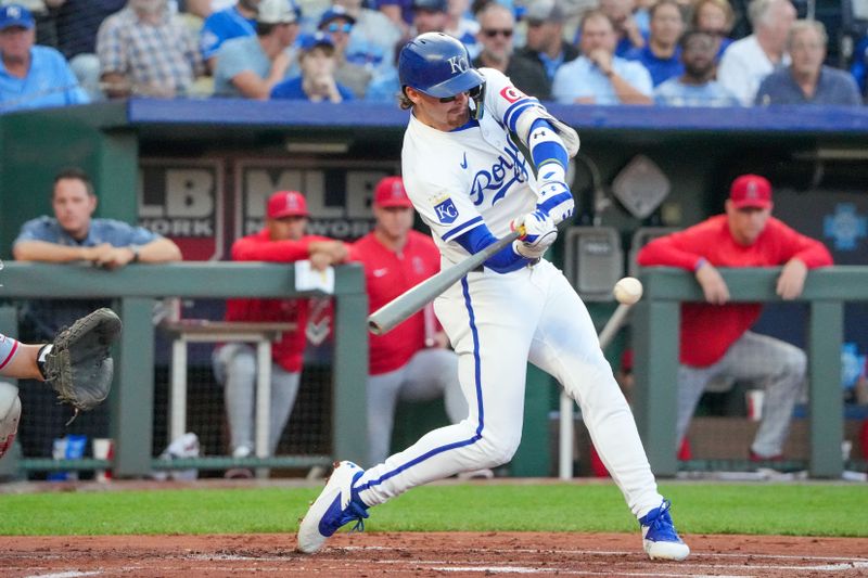 Aug 20, 2024; Kansas City, Missouri, USA; Kansas City Royals shortstop Bobby Witt Jr. (7) hits a single against the Los Angeles Angels in the first inning at Kauffman Stadium. Mandatory Credit: Denny Medley-USA TODAY Sports