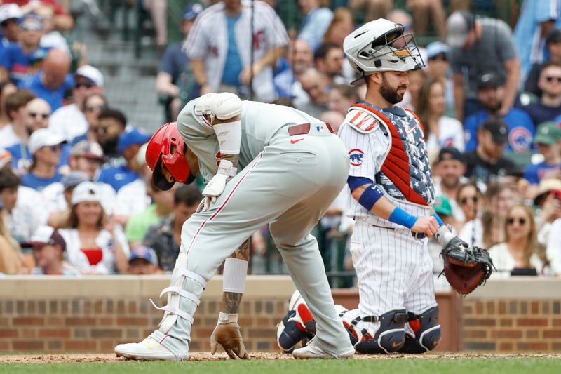 Jul 4, 2024; Chicago, Illinois, USA; Philadelphia Phillies outfielder Nick Castellanos (8) crosses home plate after hitting a solo home run against the Chicago Cubs during the fourth inning at Wrigley Field. Mandatory Credit: Kamil Krzaczynski-USA TODAY Sports