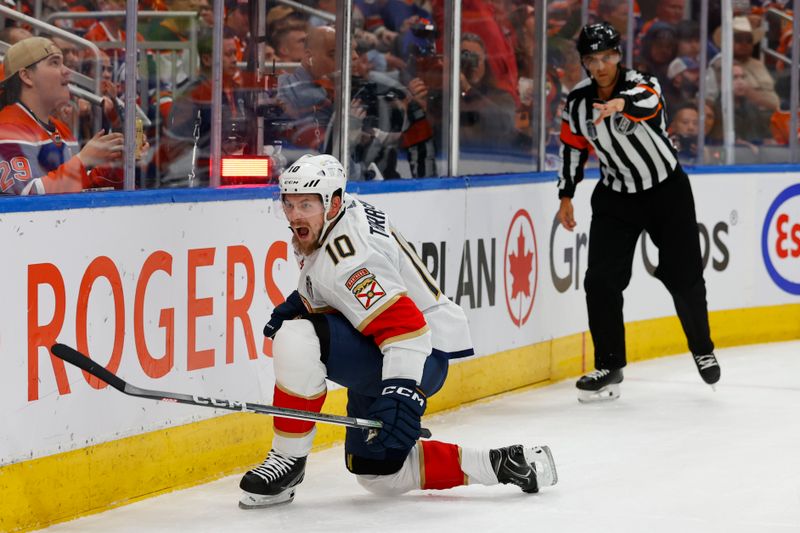 Jun 15, 2024; Edmonton, Alberta, CAN; Florida Panthers right wing Vladimir Tarasenko (10) celebrates goal in the first period against the Edmonton Oilers in game four of the 2024 Stanley Cup Final at Rogers Place. Mandatory Credit: Perry Nelson-USA TODAY Sports