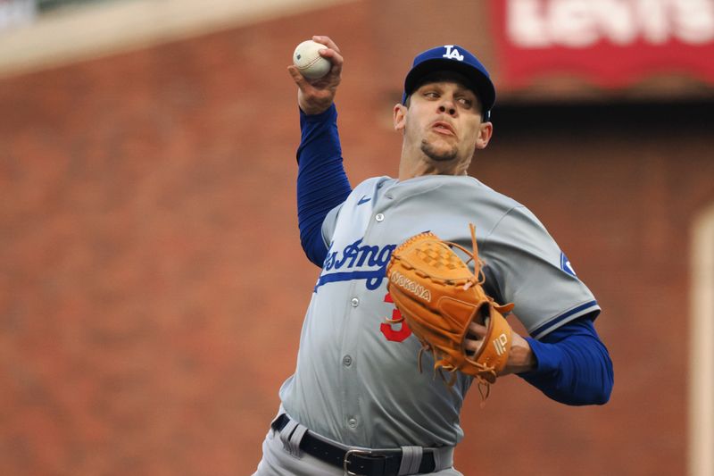 May 14, 2024; San Francisco, California, USA;  Los Angeles Dodgers starting pitcher Gavin Stone (35) pitches the ball against the San Francisco Giants during the first inning at Oracle Park. Mandatory Credit: Kelley L Cox-USA TODAY Sports